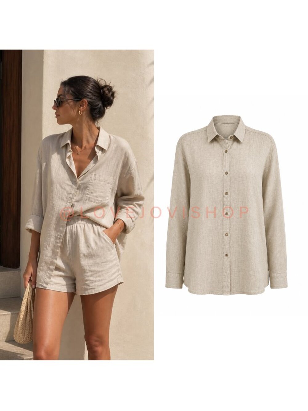 Coastal | Italian Linen Beige Button Down | NWT Puro Lino | Wooden Buttons | L